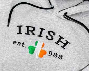 Felpa con cappuccio irlandese ricamata personalizzata, felpa con bandiera irlandese, regali irlandesi, regali del giorno di San Patrizio, girocollo ricamato, regalo personalizzato per gli irlandesi