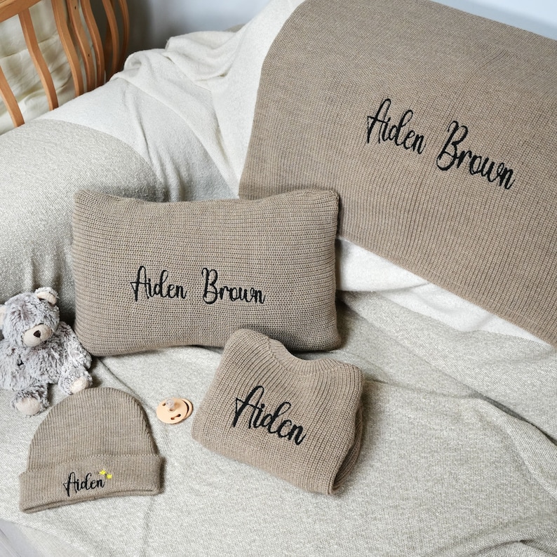 Personalized Baby Embroidered Gift Set, Baby Sweater, Custom Blanket, Embroidered Beanie, Baby Name Pillow, Knitted Baby Gift Set, Christmas image 2