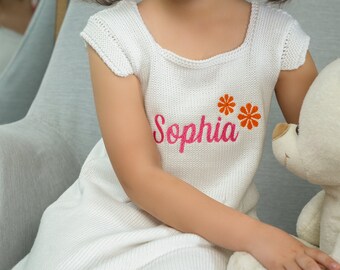Personalized Baby Dress, Knitted Organic Cotton, Custom Name Gift