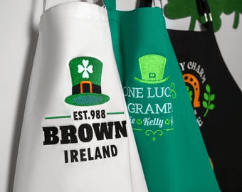 Personalized St. Patrick's Day Grandpa Grill Apron, Gift from Grandkids, Irish Grandparents Gifts, Grandmom Embroidery Apron, Leprechaun Hat