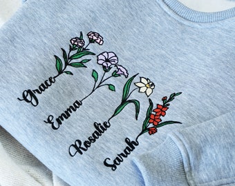 Sweat à capuche avec nom fleurs de naissance, cadeaux fête des mères, sweat-shirt prénoms petits-enfants, cadeaux jardin de grand-mère, cadeaux grand-mère, cadeaux maman personnalisés