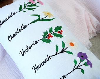 Personalized Birth Flower Pillow, Embroidered Name Pillow, Custom Cotton Throw