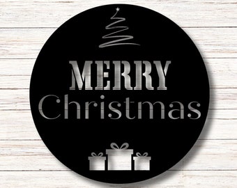 May include: A black circular sign with a silver metallic finish. The sign says "Merry Christmas" with a stylized Christmas tree and three gift boxes.