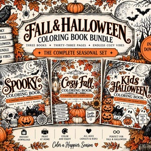 May include: A Fall and Halloween coloring book bundle featuring three books with thirty-three pages. The cover displays illustrations of pumpkins, a skull, a black cat, ghosts, and autumn leaves with text including Fall & Halloween Coloring Book Bundle.