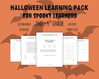 May include: A Halloween learning pack for 2nd-5th grade students featuring 20 printable activities. The orange background displays black bat silhouettes and text including Halloween Learning Pack For Spooky Learners and Tricks, Treats & Learning.