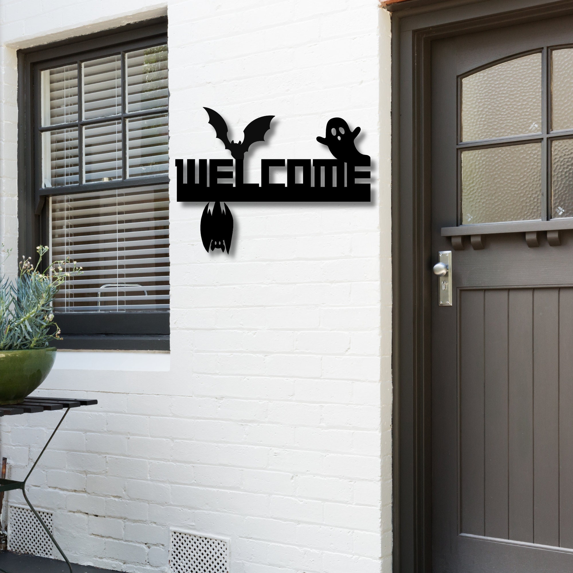 Metal Halloween Welcome Sign: Bat Silhouette, Fall Home Decor