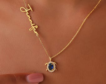 Turtle Necklace, Personalized Birthstone with Turtle Pendant, Dainty Turtle Necklace, Name Necklace, Animal Pet Necklace, Jewelry for Her