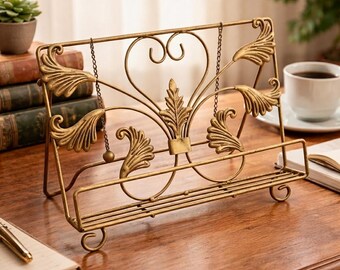 Vintage Buchständer aus Metall in Antikgold – Jugendstil Lesepult mit Seitenhaltern, Kochbuchhalter & Rezeptständer