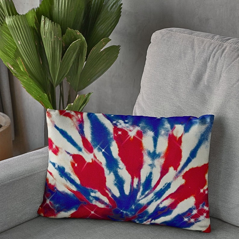 Red White Blue Tie Dye Lumbar Pillow, Waterproof Mildew Resistant 14x20