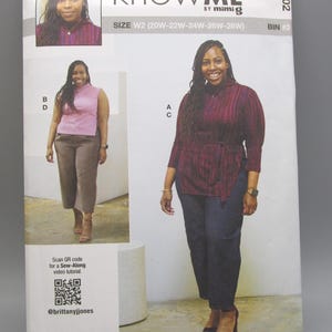 May include: A sewing pattern package with the text "knowME by mimi G" and "SIZE W2". The package features images of a woman wearing different outfits. The package also includes a QR code and the text "Designed and printed in USA".