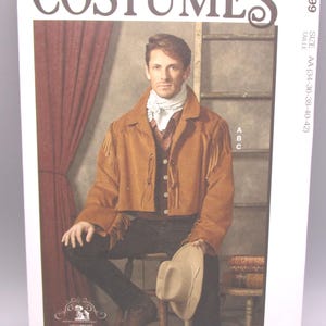 May include: McCall's Costumes pattern M8399. The package features a man in a brown suede-like jacket with fringe, a white scarf, and a cowboy hat. The size is AA (34-36-38-40-42). Designed and printed in the USA.