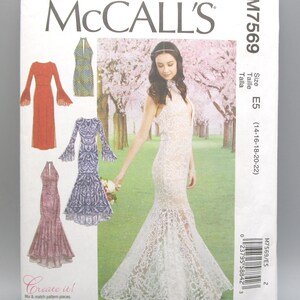 May include: McCall's sewing pattern M7569 featuring a bridal gown with a mermaid silhouette. The pattern includes illustrations of several dress designs, with a model wearing a white lace gown. The pattern size is E5 (14-16-18-20-22).