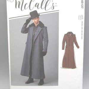May include: McCall's sewing pattern for a long, double-breasted coat with a faux fur collar. The pattern includes a full-length illustration of the coat and the text "McCall's" in a script font. The pattern size is MQQ (46-48-50-52).