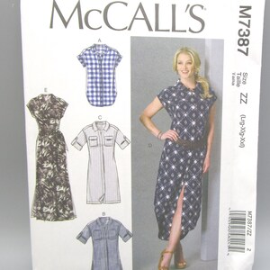 May include: McCall's sewing pattern M7387 featuring various shirt and dress designs. The pattern includes a dress with a diamond pattern and a collared shirt with short sleeves. Size ZZ (Lrg-Xlg-XXl).
