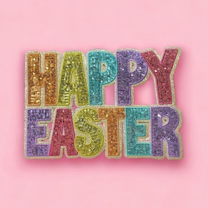 Könnte beinhalten: Ein Schild mit der Aufschrift "Frohe Ostern" aus bunten Pailletten auf rosa Hintergrund.
