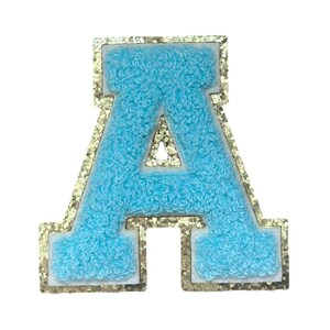 Remendos de letras de chenille azul claro, letras de chenille azul claro de 3,12", qualidade superior Letras de chenille de 3,12", letras do time do colégio qualidade premium