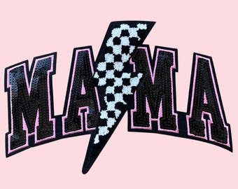 Mama Checkered Lightning Bolt Sequin Chenille Patch, Iron On