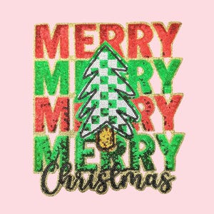 May include: A festive Christmas design on a pink background. The design features the word "MERRY" repeated in red and green sequined letters, with a checkered Christmas tree in the center. The words "MERRY CHRISTMAS" are at the bottom.