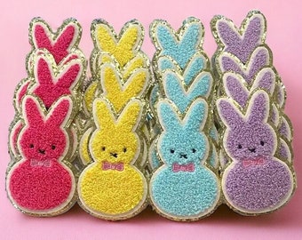 Conejito de Pascua Chenille Hierro en parche, Conejito de Pascua Pastel Hierro en parche de chenilla, Peeps Pascua DIY Hierro en parche