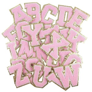 Patches de letras de chenille rosa claro, letras de chenille rosa bebê de 3,12", qualidade superior Letras de chenille de 3,12", letras do time do colégio qualidade premium