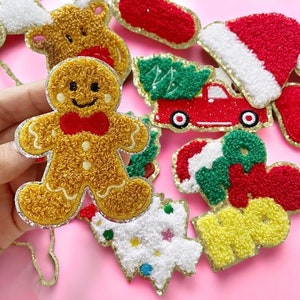 Gingerbread Man Christmas Chenille Patches, Chenille Santa Patch, Holiday Iron On Patches
