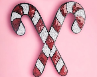 Large Sequin Candy Cane Christmas Iron On Patch (10x10.5in)