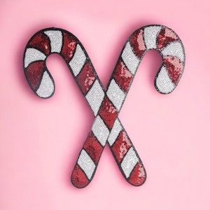 Toppa termoadesiva natalizia a forma di bastoncino di zucchero con paillettes (25x26 cm)