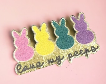 Love My Peeps Chenille Hierro en parche, Conejito de Pascua Pastel Hierro en parche de chenilla, Peeps Pascua DIY Hierro en parche