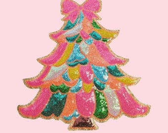 Toppa termoadesiva con fiocco di paillettes e albero di Natale (grande 12")