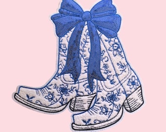 Blue Sequin Cowboy Boot Bow Patch, Large Iron On Applique