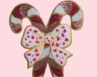 Bastoncino di zucchero con fiocco di paillettes, toppa di Babbo Natale con bastoncino di zucchero con paillettes, toppe da stirare per le feste