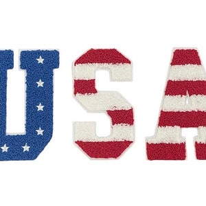 May include: USA spelled out in large, fuzzy letters. The U is blue with white stars, and the S and A are red and white stripes.