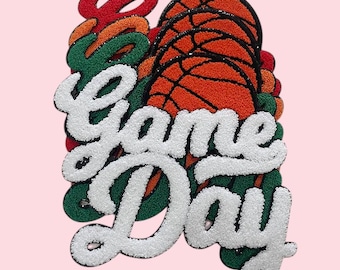 Chenille-patch voor basketbal, opstrijkbare wedstrijddag, zwart-gouden glitterrand