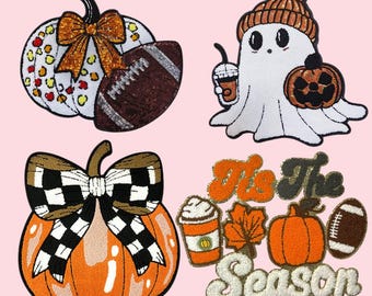 May include: Four embroidered patches with a seasonal theme. Includes a pumpkin with a bow and a football, a ghost with a pumpkin and coffee, and an orange pumpkin with a checkered bow. The last patch says "It's The Season".