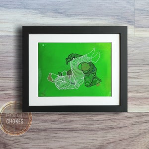 Green mens armbar jiu jitsu painting, framed original jujitsu art, boys grapplers mma linework, martial arts bjj cool wall art, kids wallart