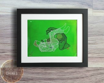 Pintura verde masculina de jiu jitsu, arte original emoldurada de jiu-jitsu, meninos grapplers mma linework, artes marciais bjj arte de parede legal, arte de parede infantil