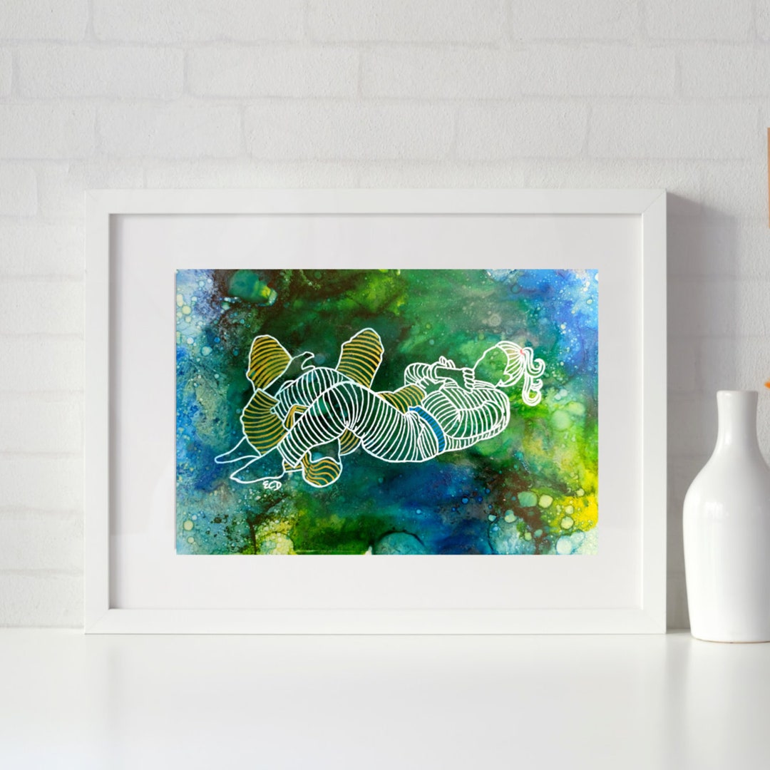 Fine Art Giclée Print of Man/woman Armbar Submission,cool Bjj Lineart,green Jiu Jitsu Artwork