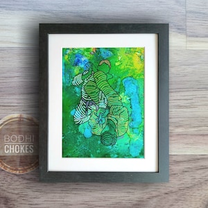 Green mens abstract Jiu Jitsu armbar painting, framed original line work, grappler mma mixed media art, boy self defense athletic line art