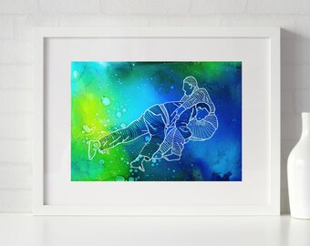 Impressão giclée de belas artes de uma queda de perna dupla masculina, lineart de bjj, arte de jiu jitsu, meninos jujitsu grappler mma academy linhas abstratas
