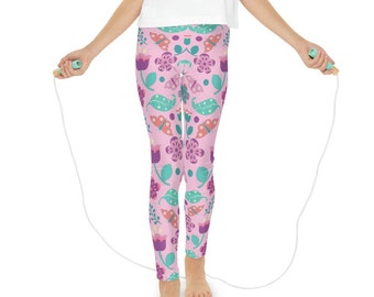 Pink and Purple Youth Full-Length Leggings (AOP), Retro Floral Leggings for Girls