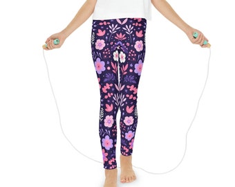 Purple and Pink Floral Youth Full-Length Leggings (AOP), Retro Floral Leggings for Girls