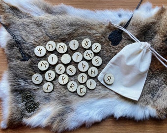 Set of wooden runes with cotton bag, old Futhark