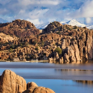 Watson Lake With Snow Covered Mountains In The Background: Prescott, Arizona/Fine Art Print/Landscape Color Photograph/Canvas/Acrylic/Metal/
