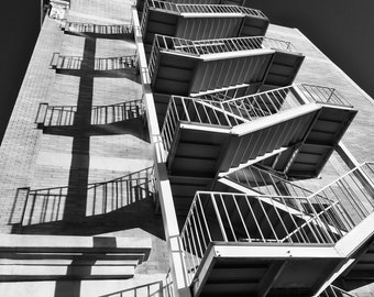 Photograph of Fire Escape: "Up The Down Staircase"/Fine-Art Print/Downtown PHX/Abstract/Architectural Art/Black White/Canvas/Acrylic/Metal