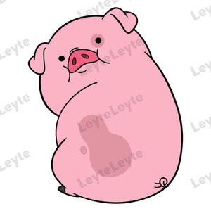 May include: A pink cartoon pig with a black nose and eyes, looking over its shoulder. The pig has a small tail and a large, round body.