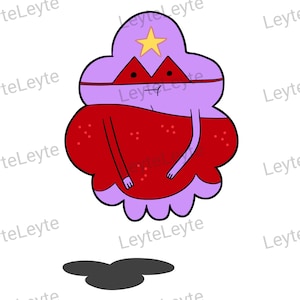 Könnte beinhalten: Eine lila und rote Comicfigur mit einem Stern auf dem Kopf und einer roten Maske über den Augen. Die Figur schwebt in der Luft über einem schwarzen Schatten.