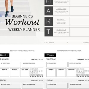 Planejador digital editável de treino e condicionamento físico + afirmações que você pode usar através do Canva para qualquer pessoa que queira acompanhar sua jornada de condicionamento físico.