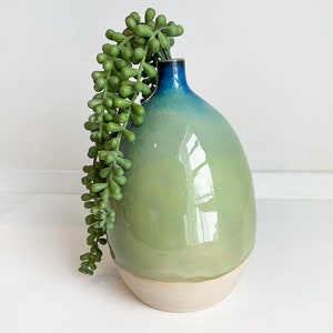 handmade ceramic green contemporary vase with a blue rim, Table Decor Vase, Flower Pot, Minimalist Flower Vase, Wheel Thrown Pottery