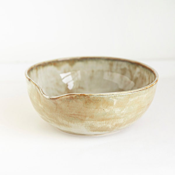 handmade ceramic bowl, farmhouse cream pottery bowl with small pour spout