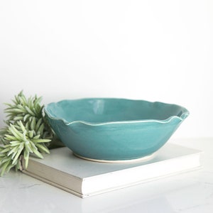 handmade ceramic bowl, teal bowl, scalloped edge bowl, pottery wheel thrown, decorative bowl
